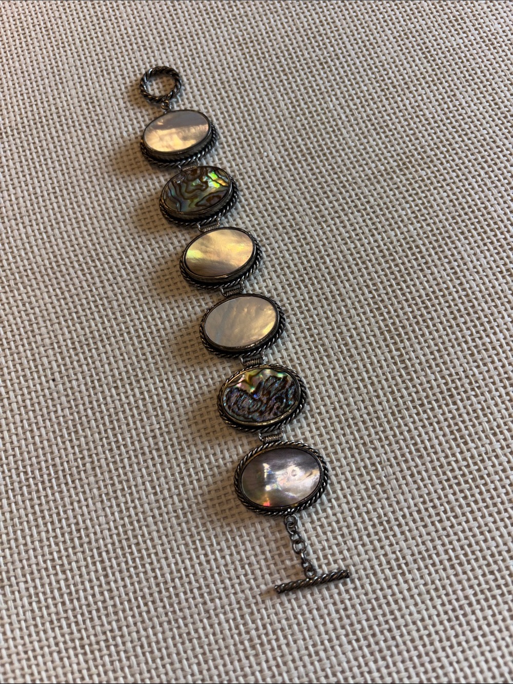 Vintage Sterling Silver Abalone & Mother Of Pearl Toggle Bracelet